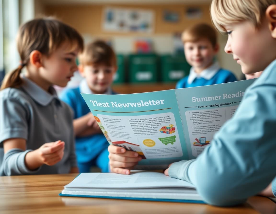 School newsletter summer edition showing year highlights and summer reading resources
