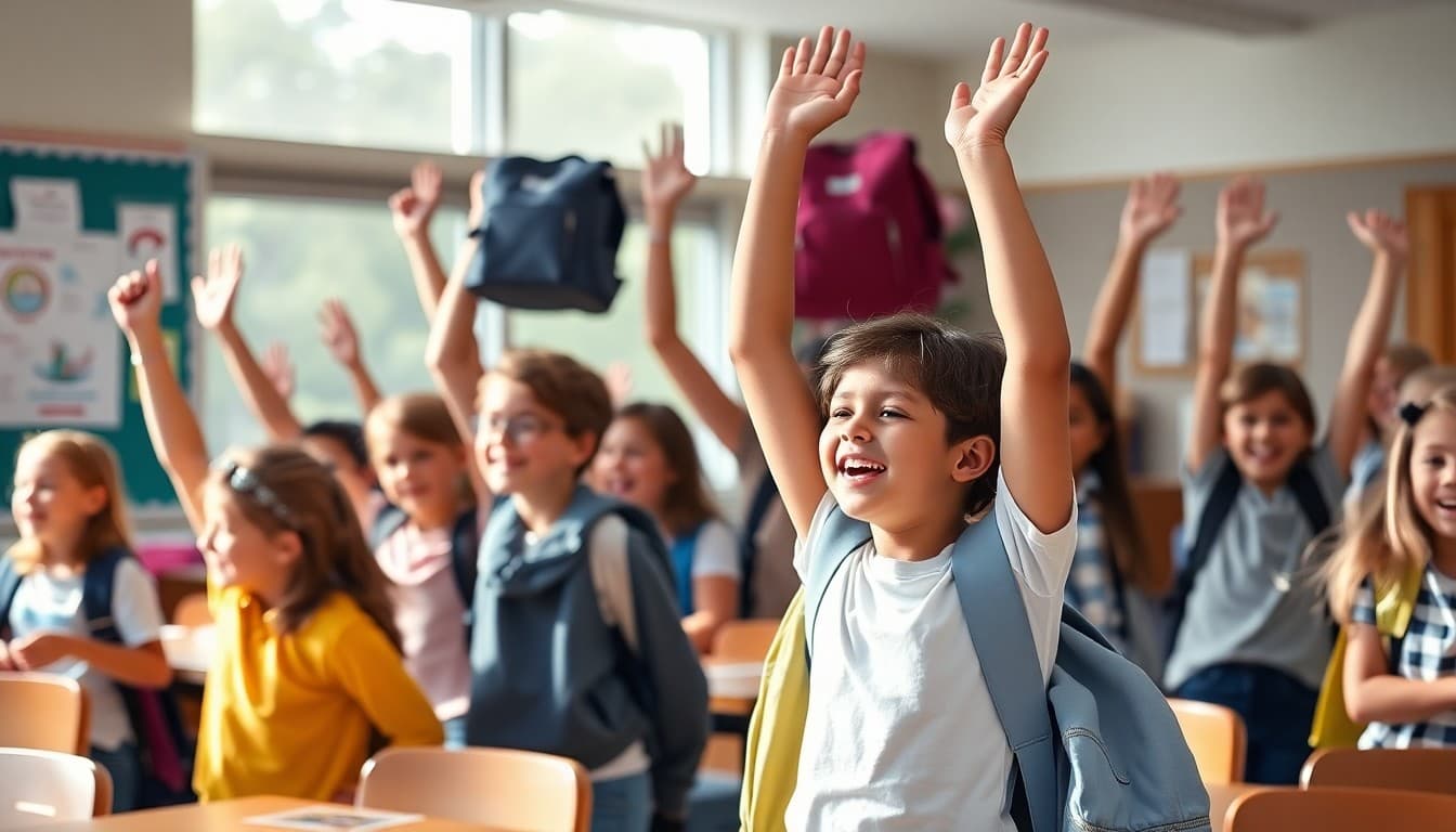 Students celebrating last day of school with summer excitement and backpacks in the air