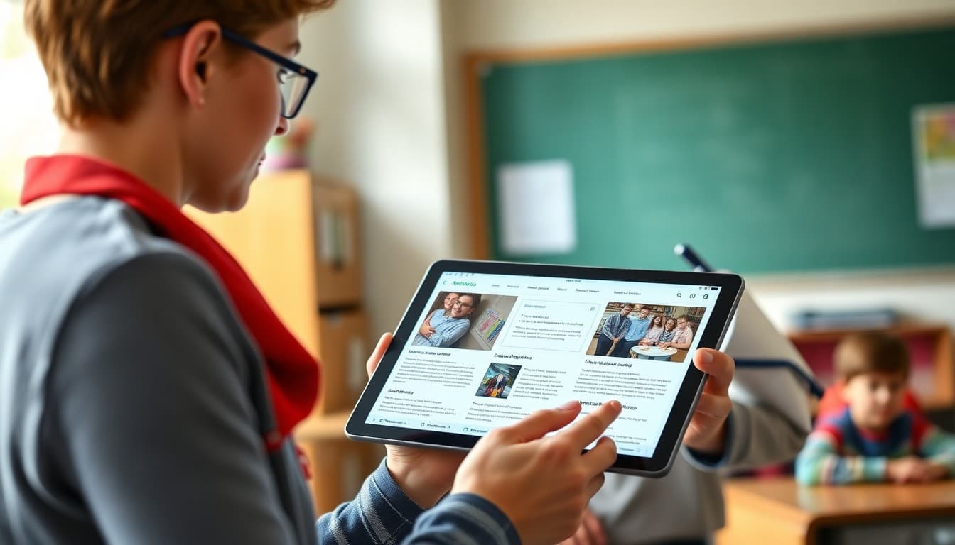 Principal reviewing teacher-submitted classroom updates on a tablet for school newsletter