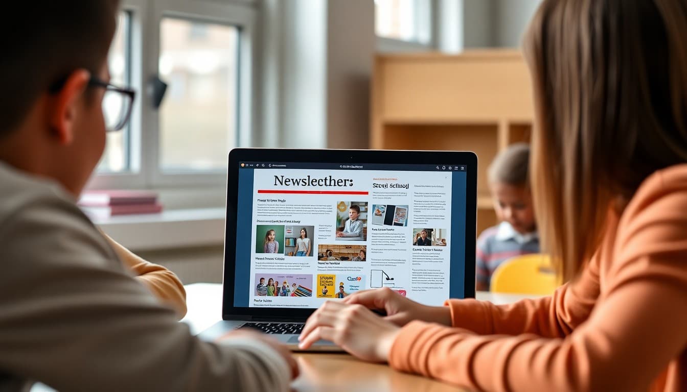 Teacher customizing a school newsletter template on a laptop showing color and layout options