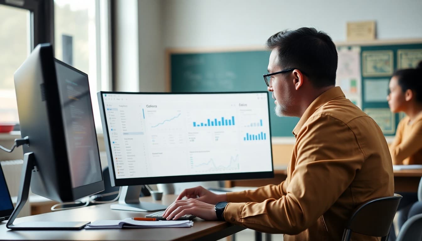 School administrator reviewing email open and click analytics dashboard on computer