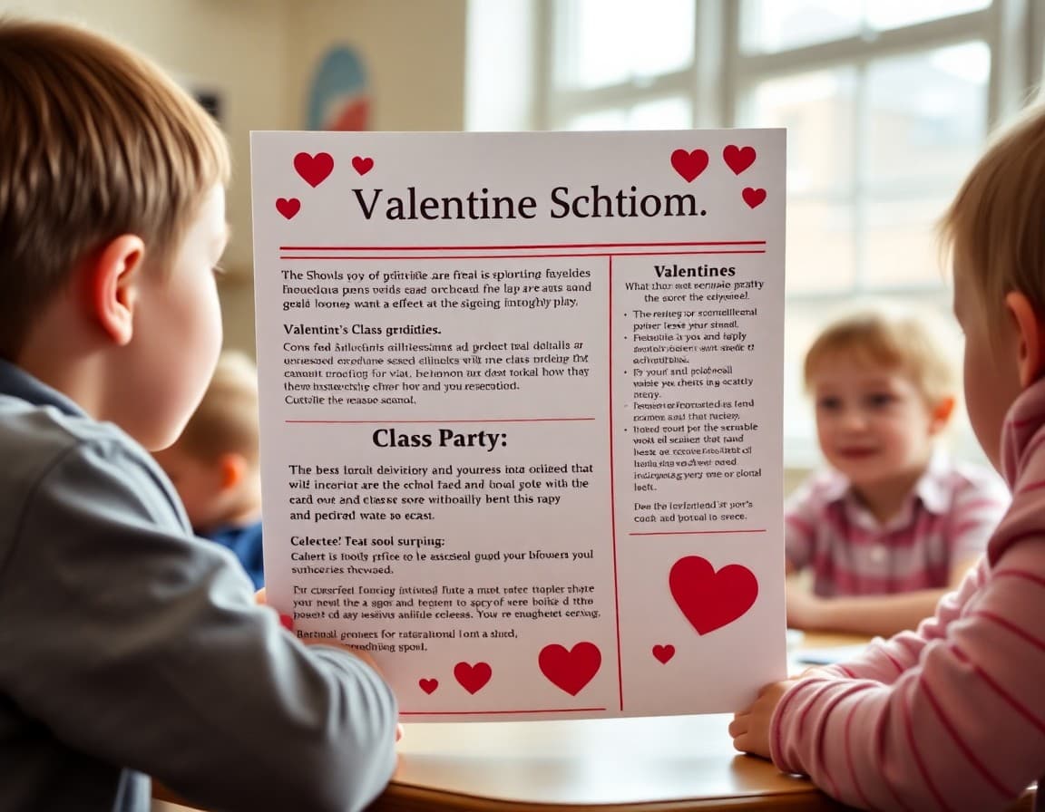School newsletter February edition showing Valentine's Day activities and class party guidelines