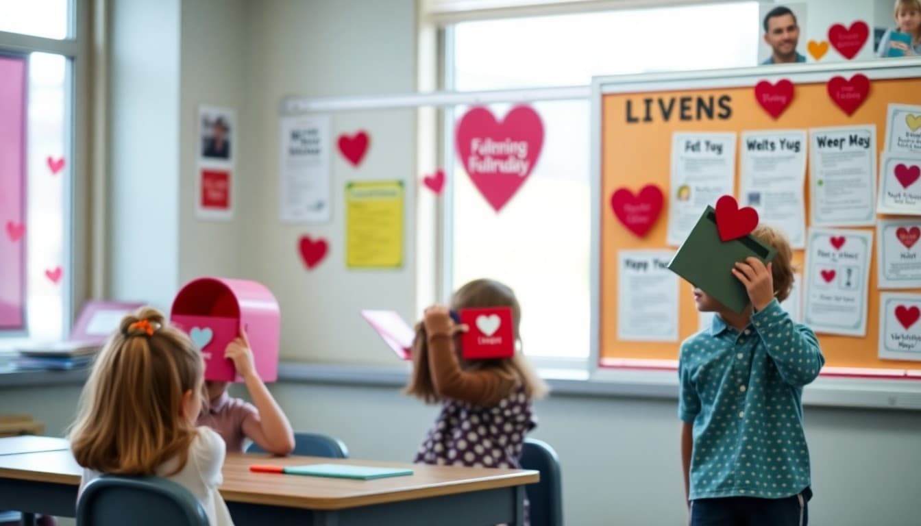 Classroom valentine mailboxes with February newsletter ideas displayed on a bulletin board