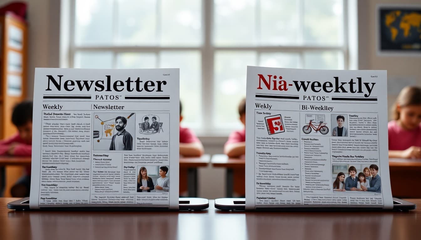 Two identical newsletters side by side, one labeled weekly and one labeled bi-weekly on a desk