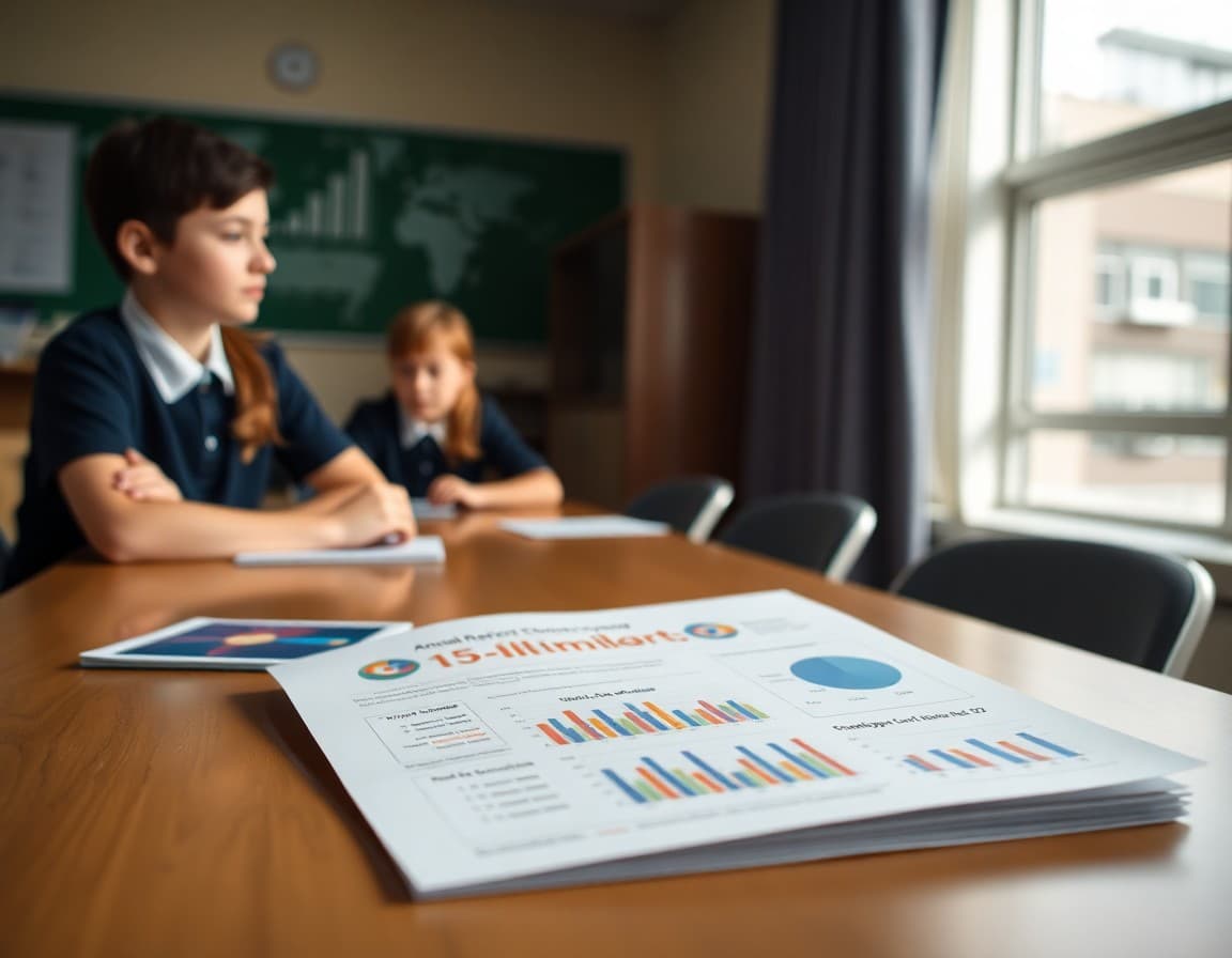 School annual report document with charts and performance data on a conference table
