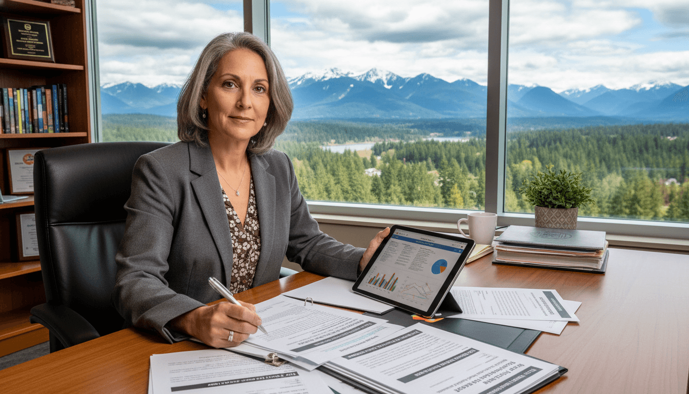 Washington state principal reviewing parent communication and equity guidelines at a Seattle school office