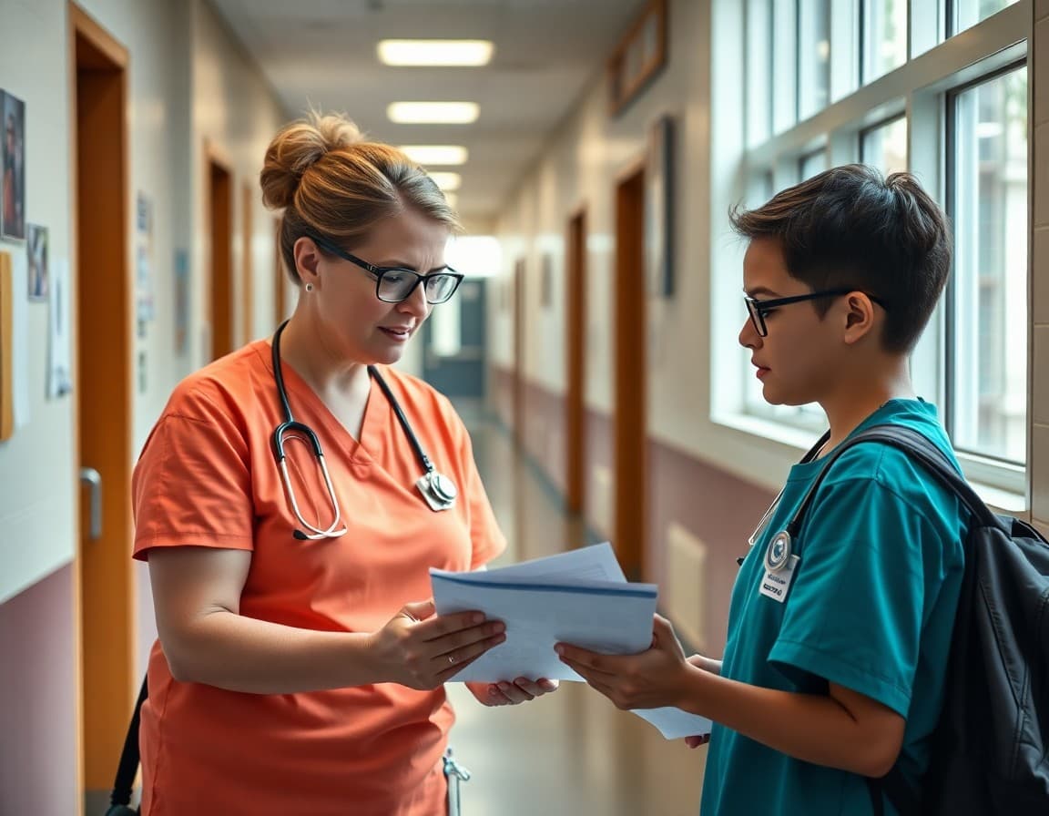 School nurse and PE teacher reviewing student fitness data together in a school hallway