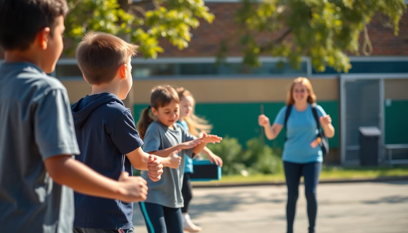 Students doing physical fitness activity with PE teacher outdoors on a sunny school day