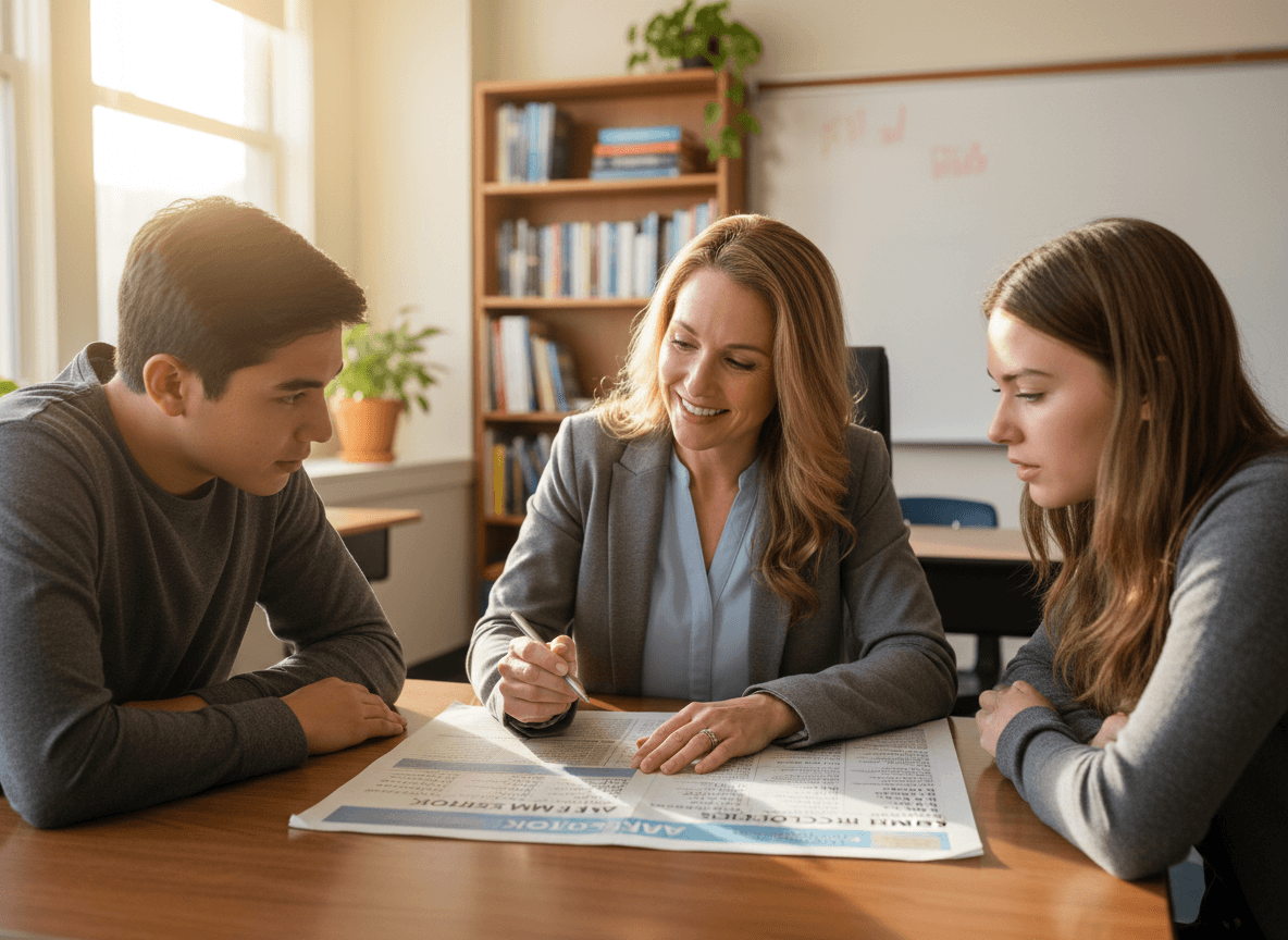 Junior year teacher reviewing April newsletter with AP exam schedule and summer college visit list