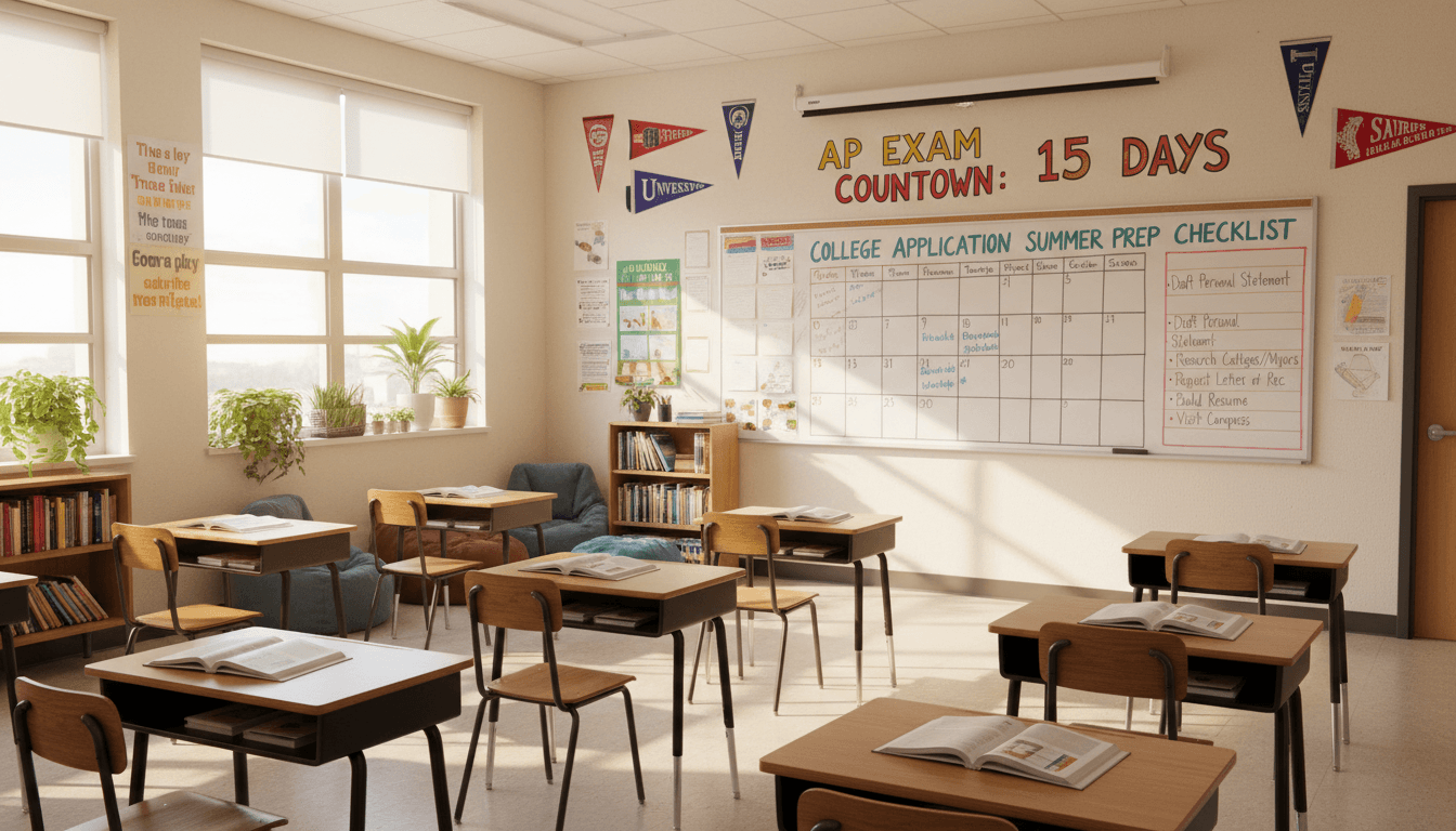 Eleventh grade classroom April with AP exam countdown board and college application summer prep checklist