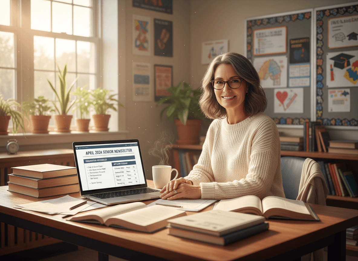 Senior year teacher composing April newsletter with graduation checklist and AP exam schedule on screen