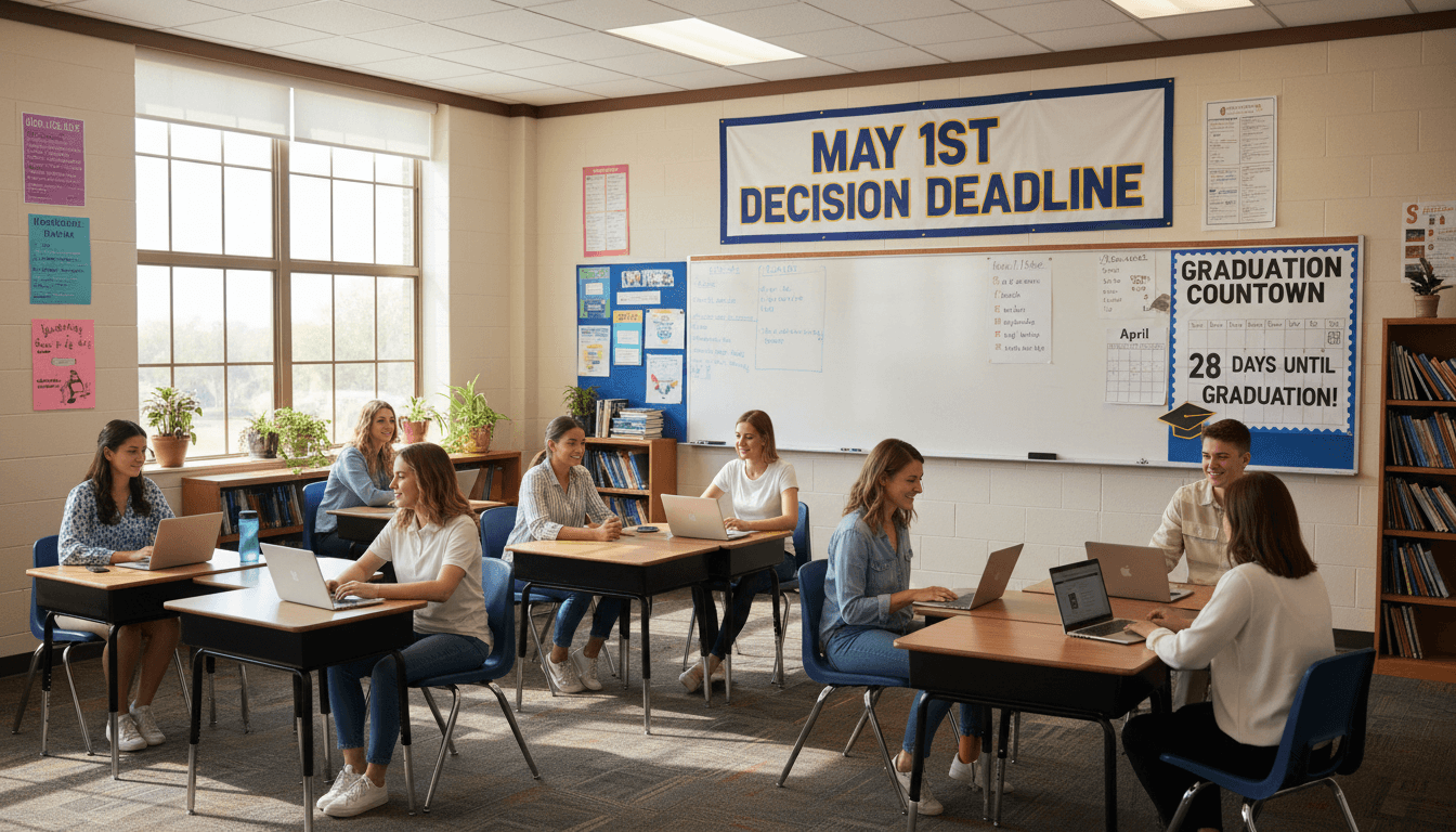 Twelfth grade classroom April with May 1st decision deadline banner and graduation countdown calendar