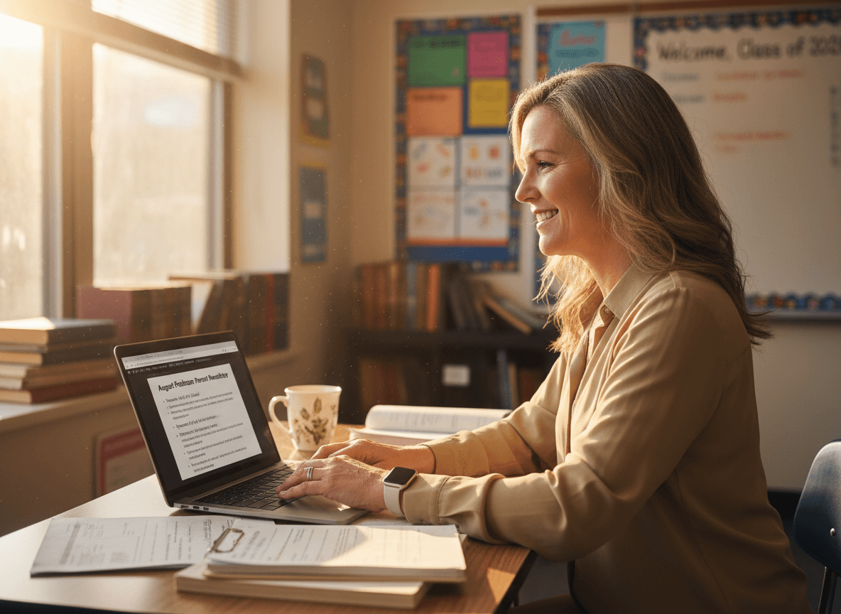 Ninth grade teacher at desk composing first August newsletter for freshman parents