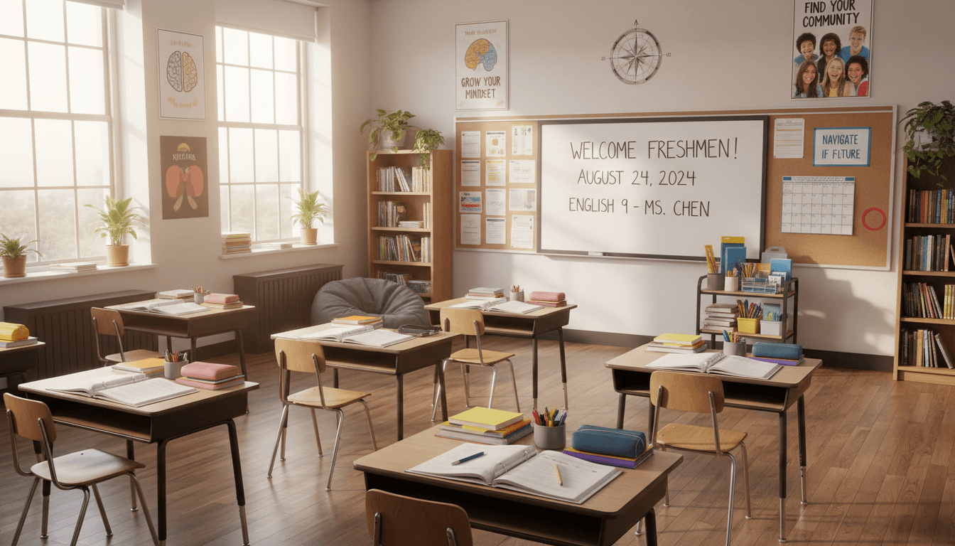 Ninth grade classroom August back-to-school setup with high school posters and fresh supplies