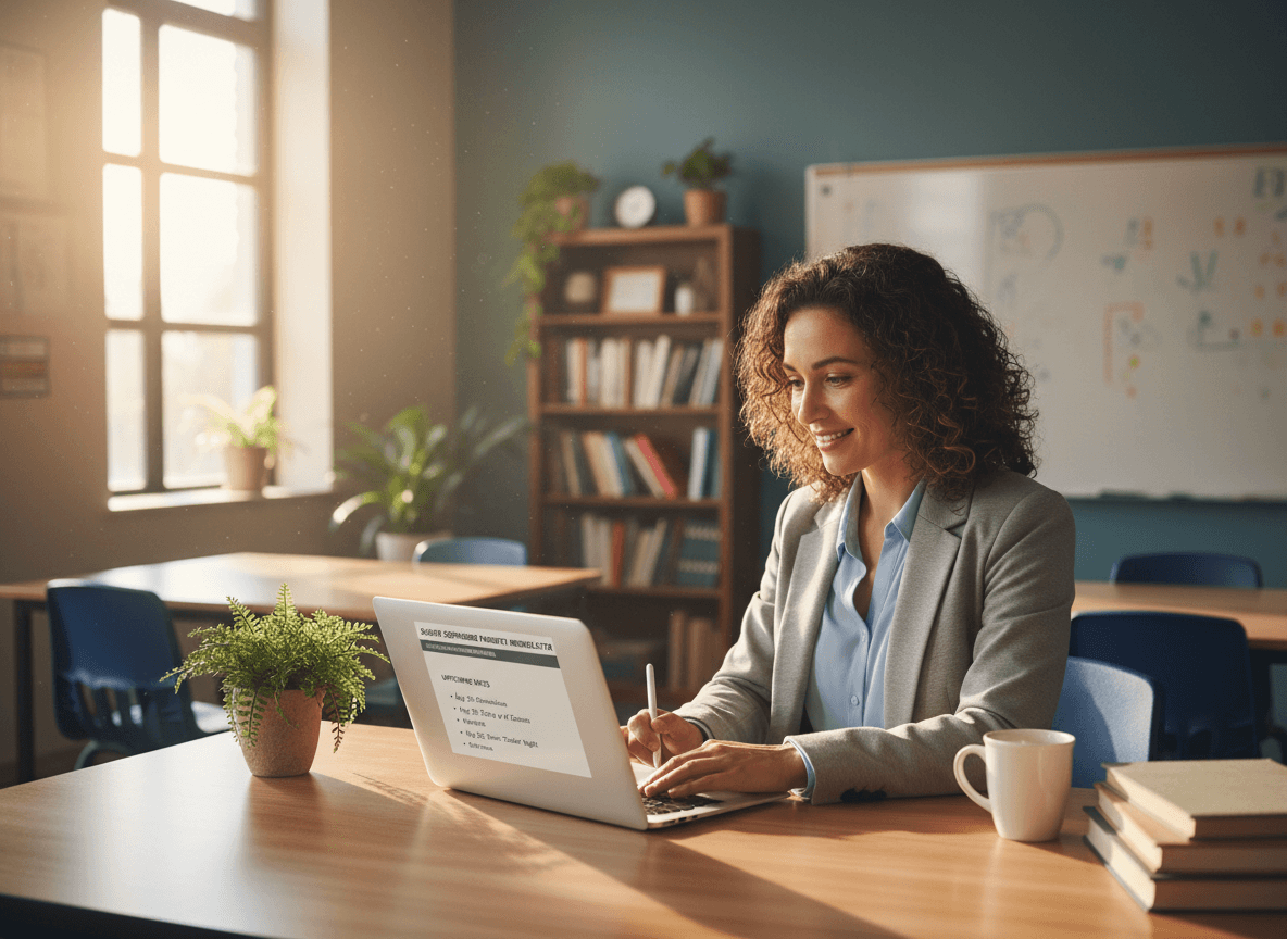 Tenth grade teacher reviewing August newsletter for sophomore parents on laptop