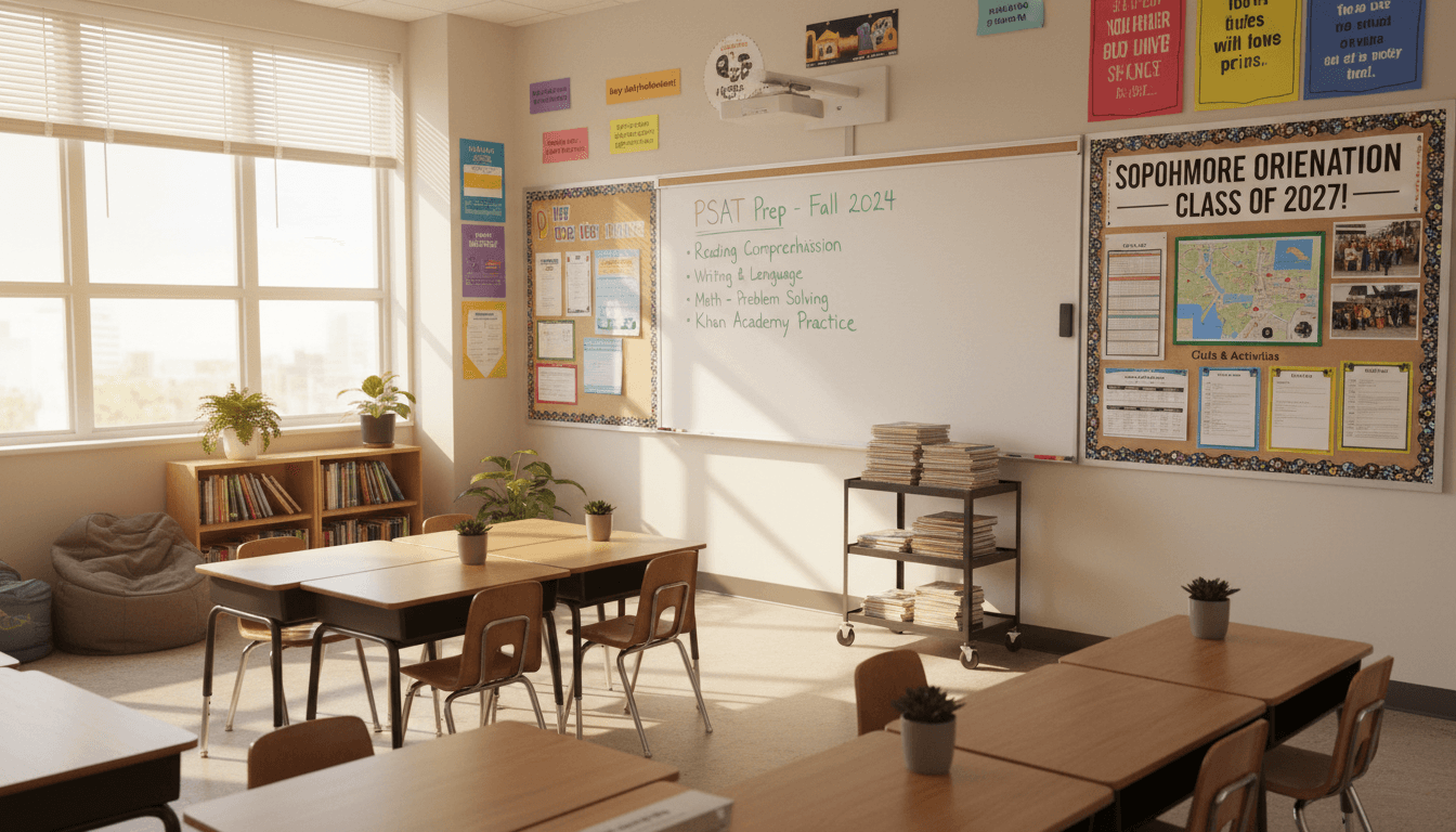 Tenth grade classroom August setup with PSAT prep materials and sophomore orientation board