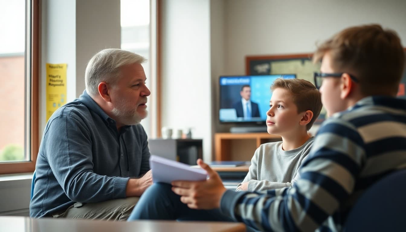 Parent and high school student watching a news program together and discussing a civic issue