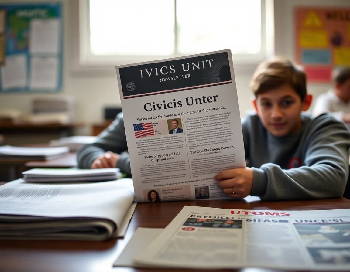 Civics unit newsletter for 9th grade beside course materials and a newspaper on a classroom desk