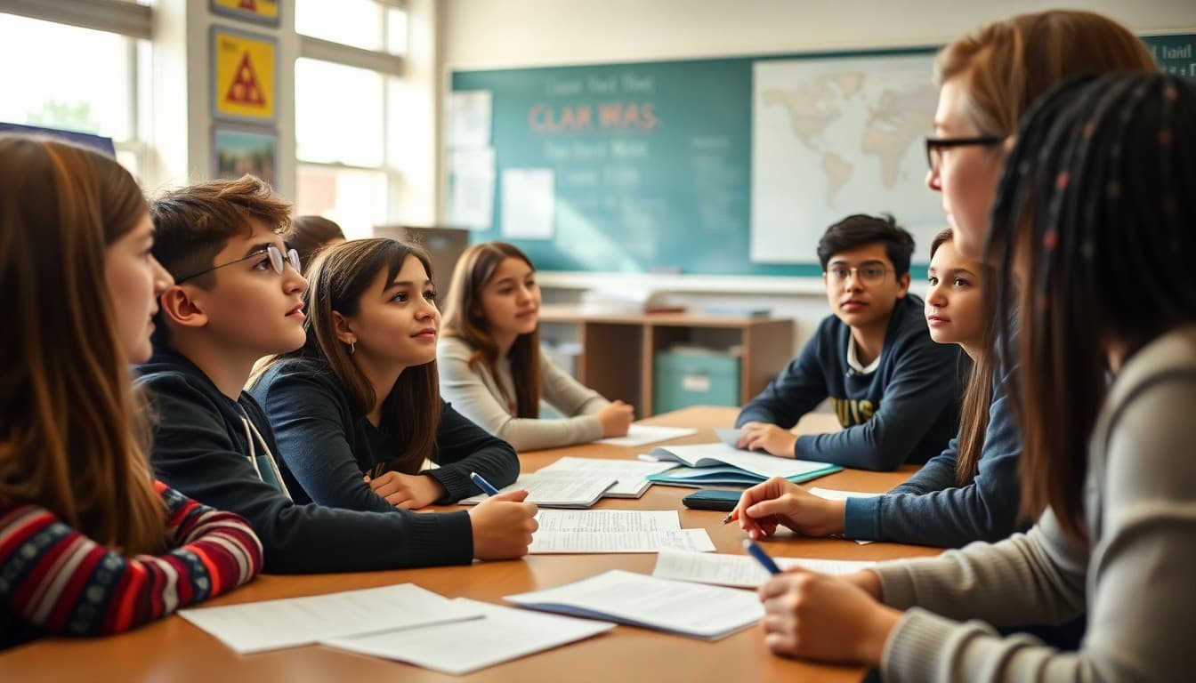 Ninth grade students engaged in a civics discussion about government with a teacher in class