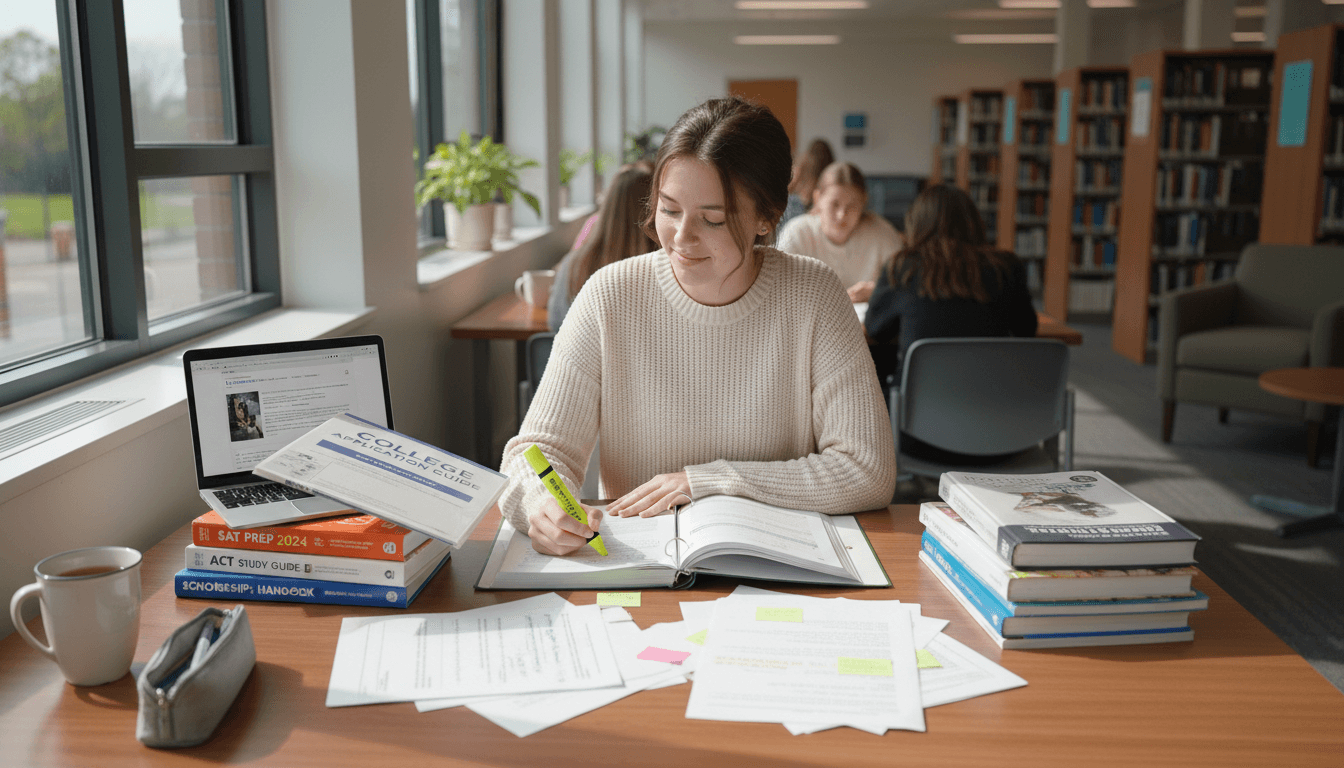11th grade student reviewing college-prep materials and test prep books at a desk during junior year