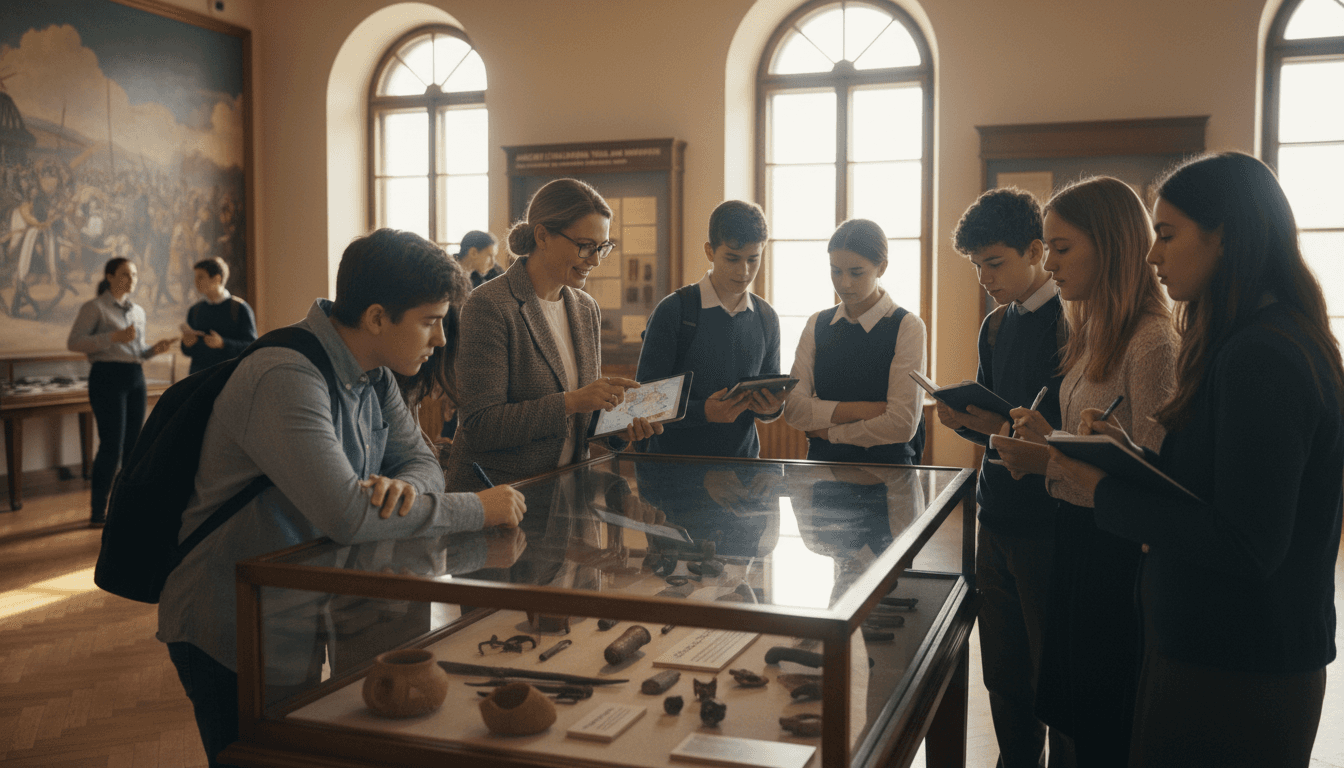 Eleventh grade students on a class field trip with teacher, connected to curriculum learning
