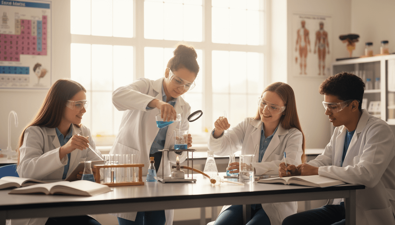 Eleventh grade students conducting a science lab experiment as part of a junior year unit