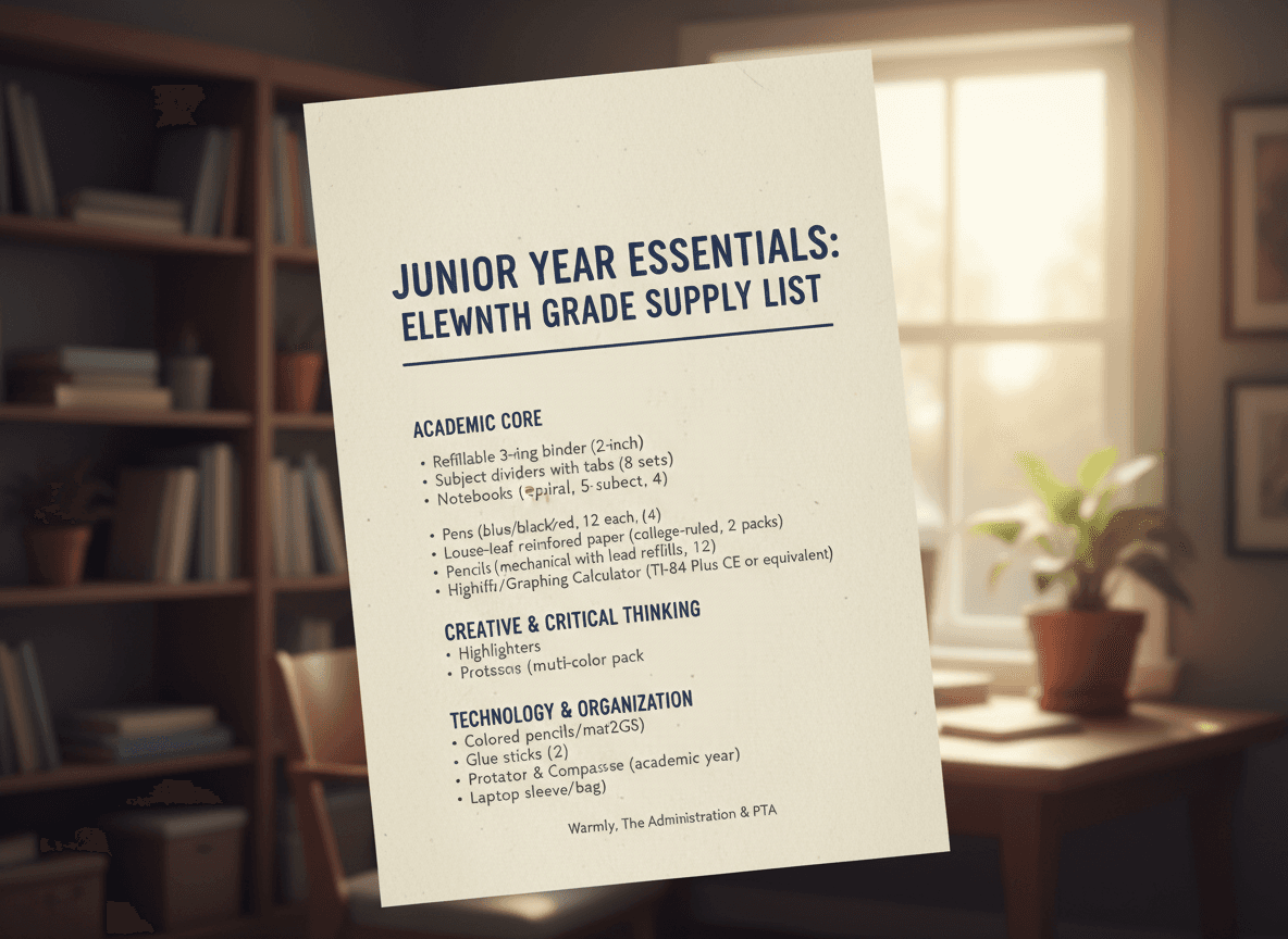 Eleventh grade supply list printed in a school newsletter for junior year families