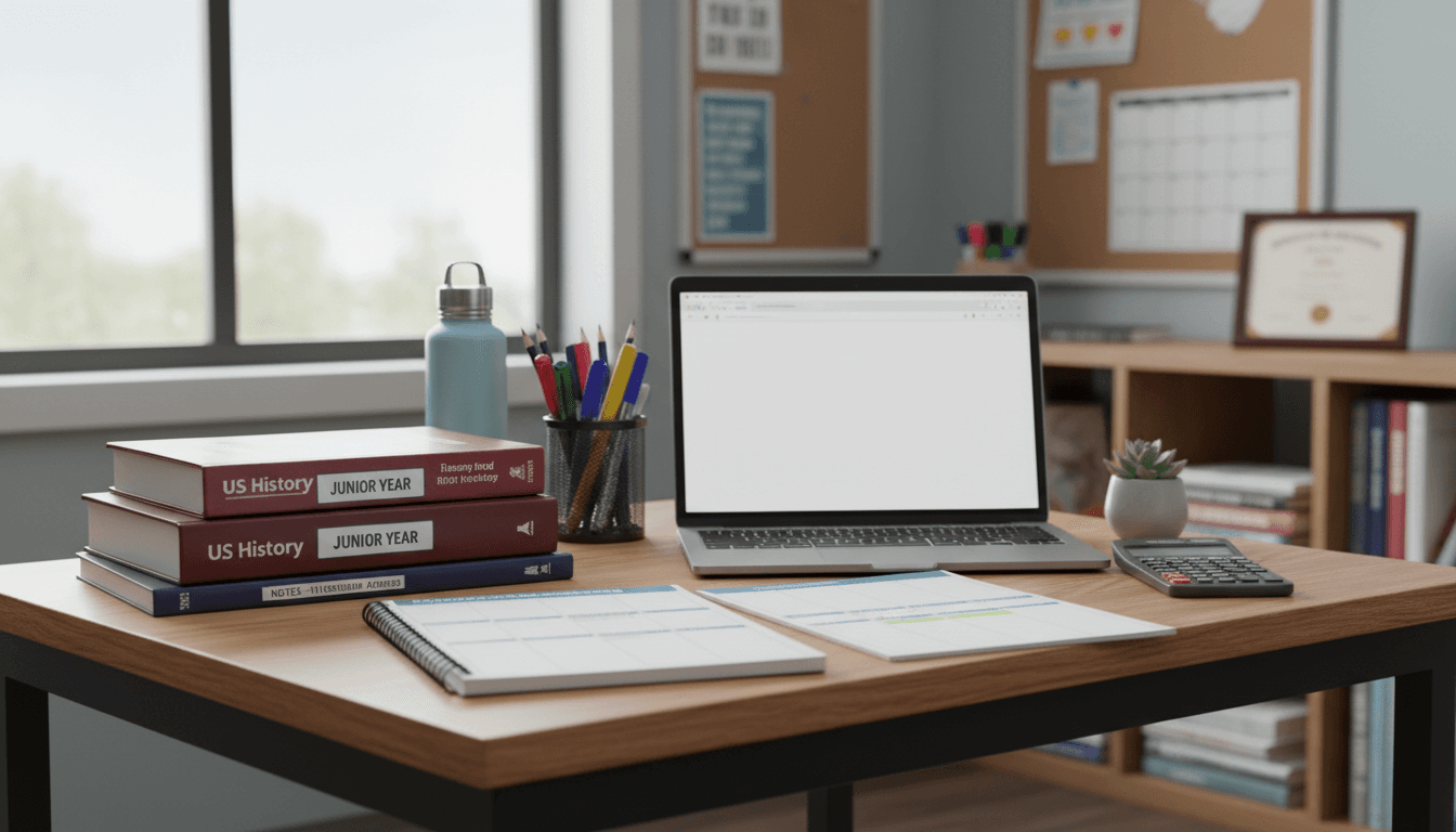 Organized desk with school supplies for an eleventh grade student ready for junior year