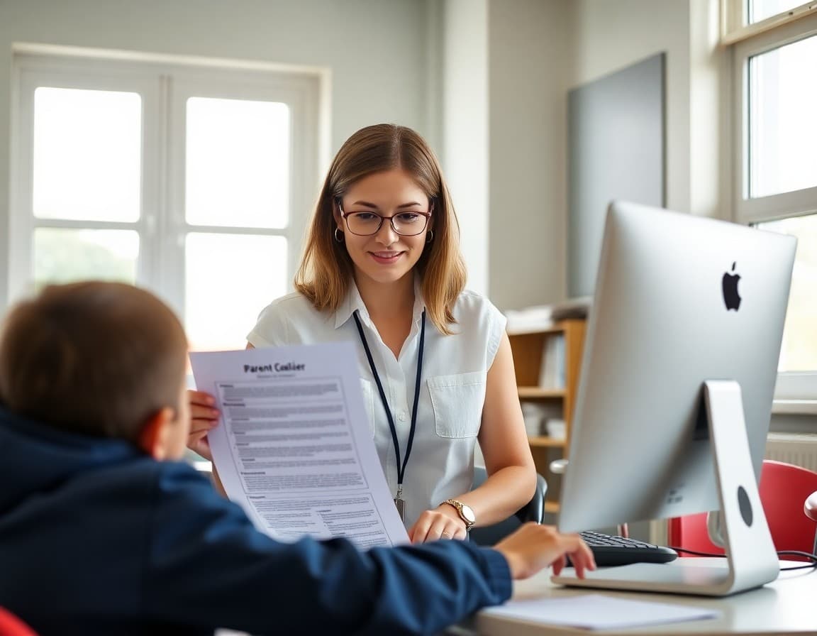 Geography teacher reviewing a parent newsletter draft on a desktop computer