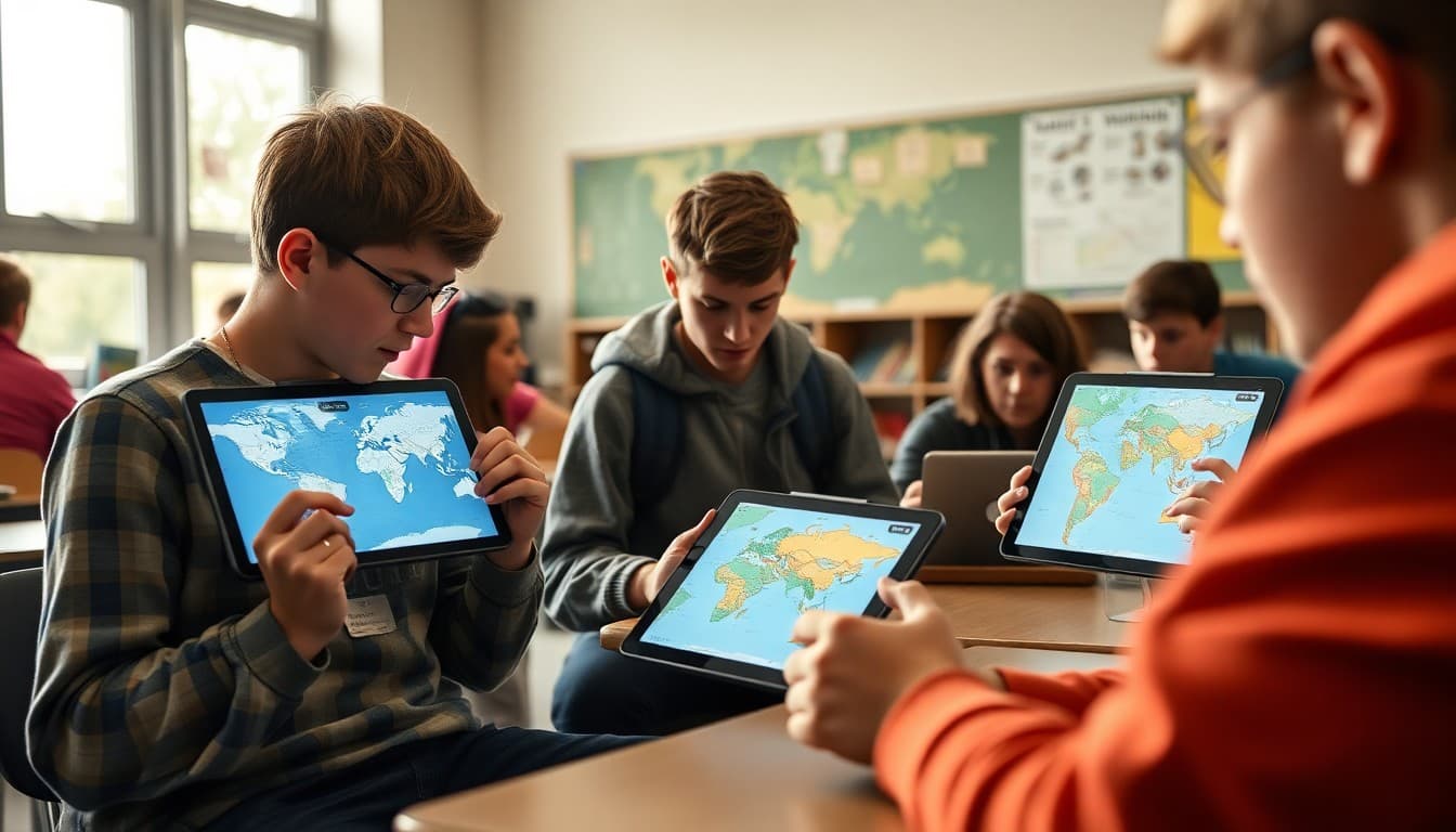 High school geography students analyzing world maps and climate data on classroom tablets