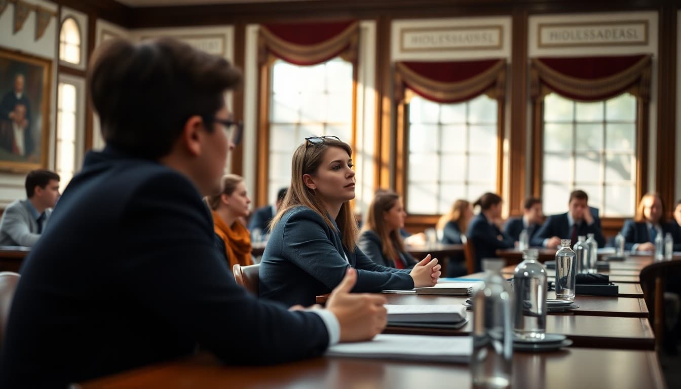 High school model congress students debating legislation in a congressional simulation room
