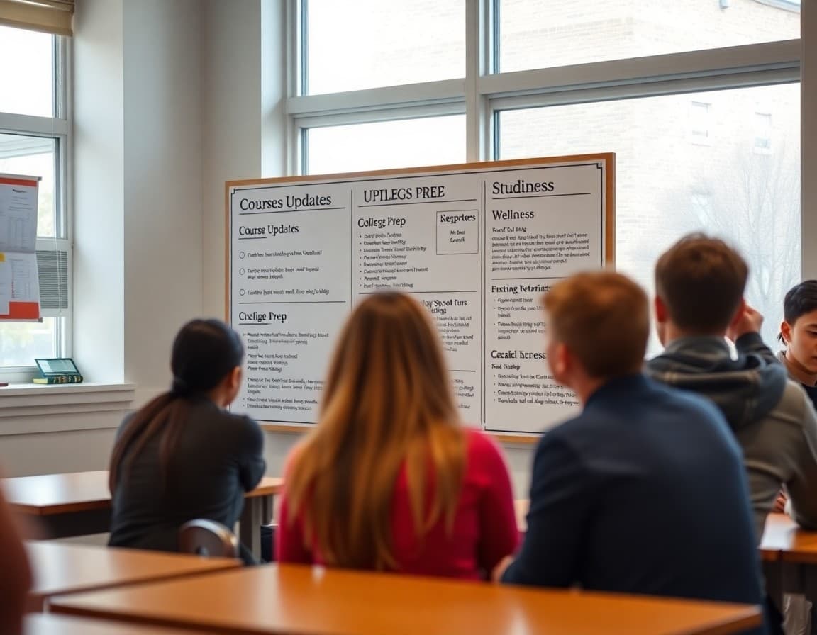 High school newsletter idea board showing topic list for course updates, college prep, and student wellness