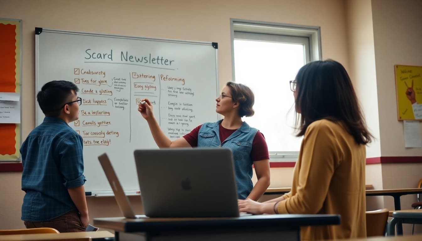 High school teacher brainstorming newsletter ideas on a whiteboard with a laptop open nearby