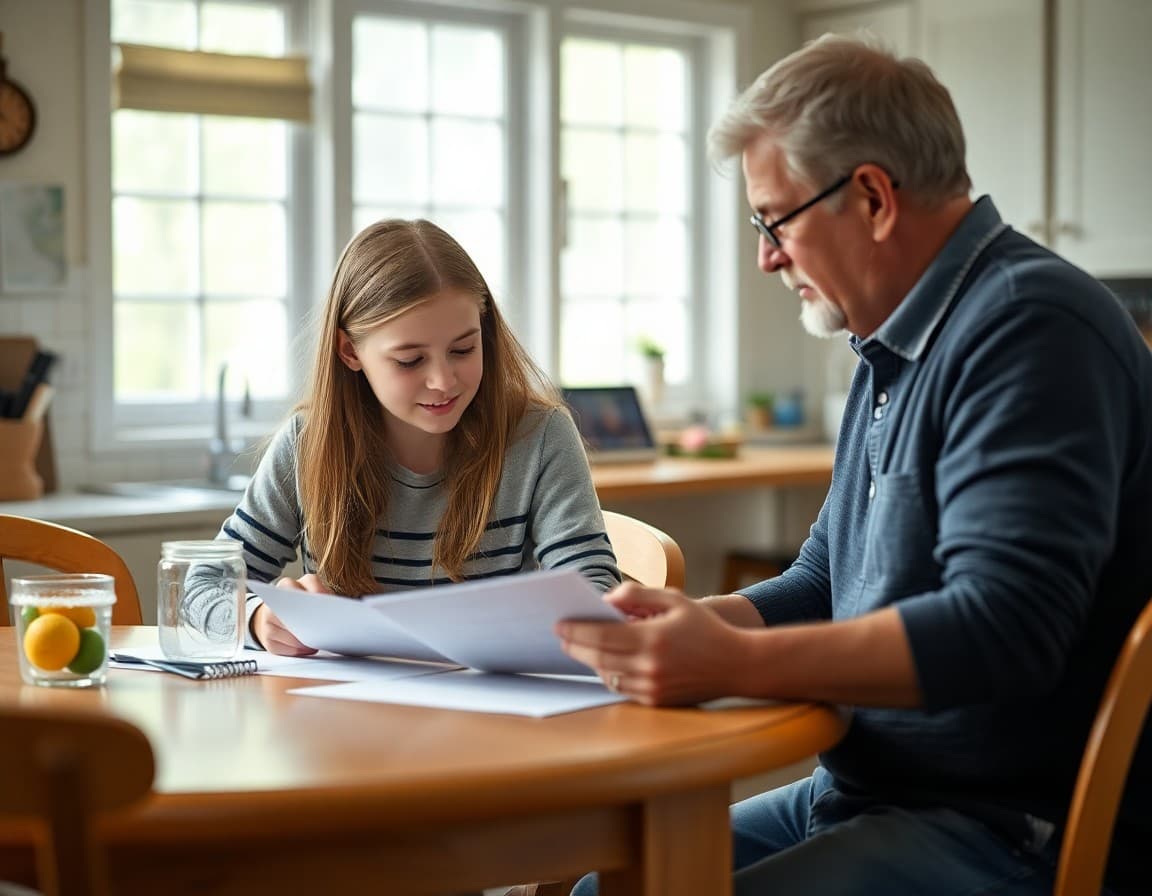 Twelfth grade student reviewing college application deadlines with parent at kitchen table