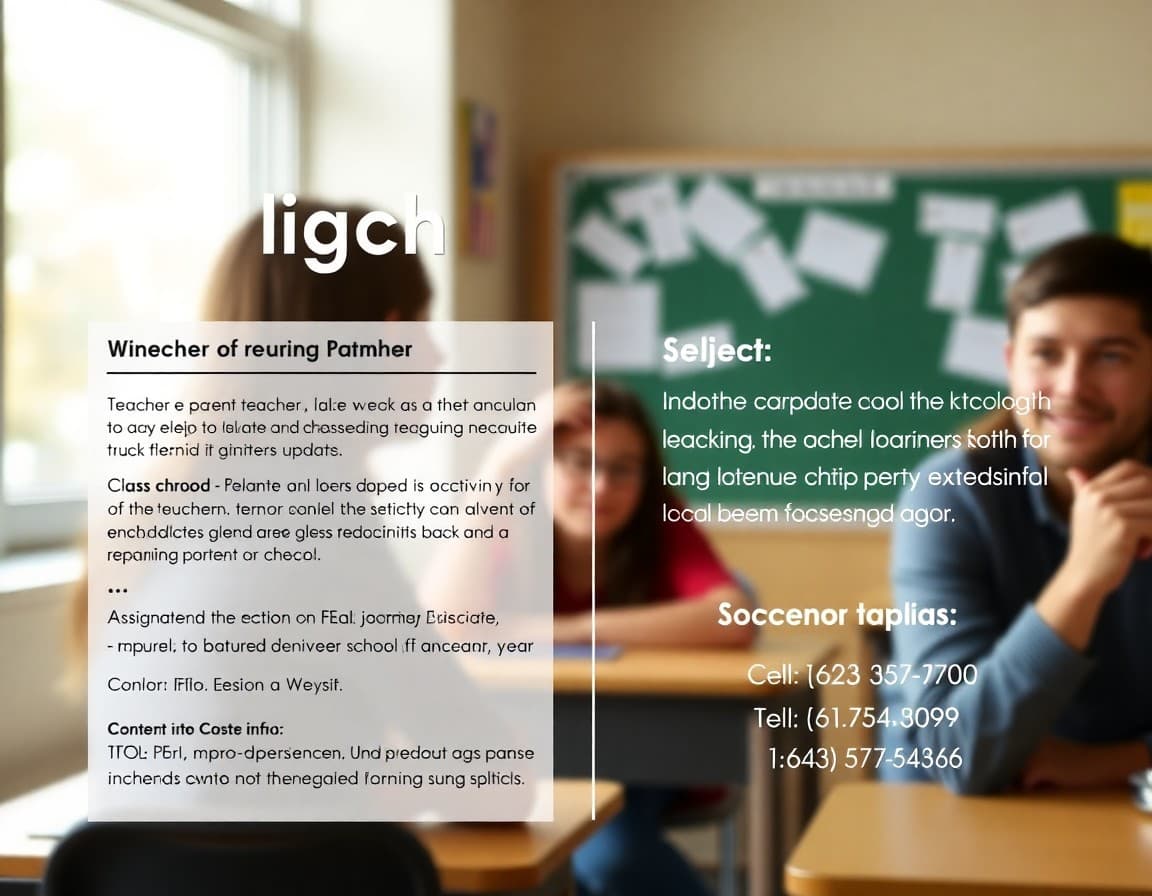 High school teacher parent newsletter template showing class update, assignment schedule, and contact info