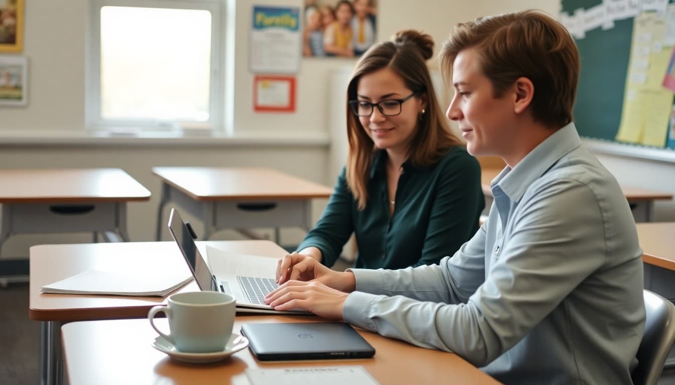 High school teacher typing a parent newsletter at a classroom desk with coffee and lesson plan nearby