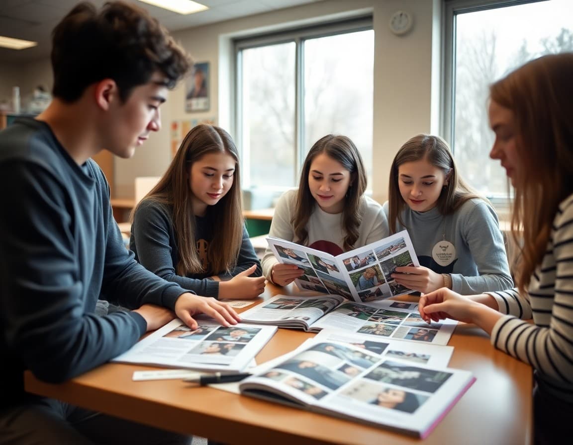 High school yearbook students reviewing layout proofs and photo selections at a table