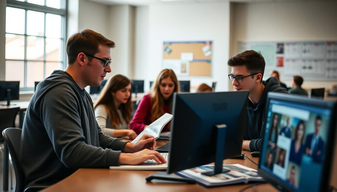 Yearbook editor and staff planning and designing school yearbook on computers in lab