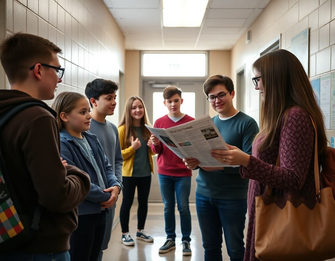 Iowa high school students reviewing newsletter with teacher in school hallway
