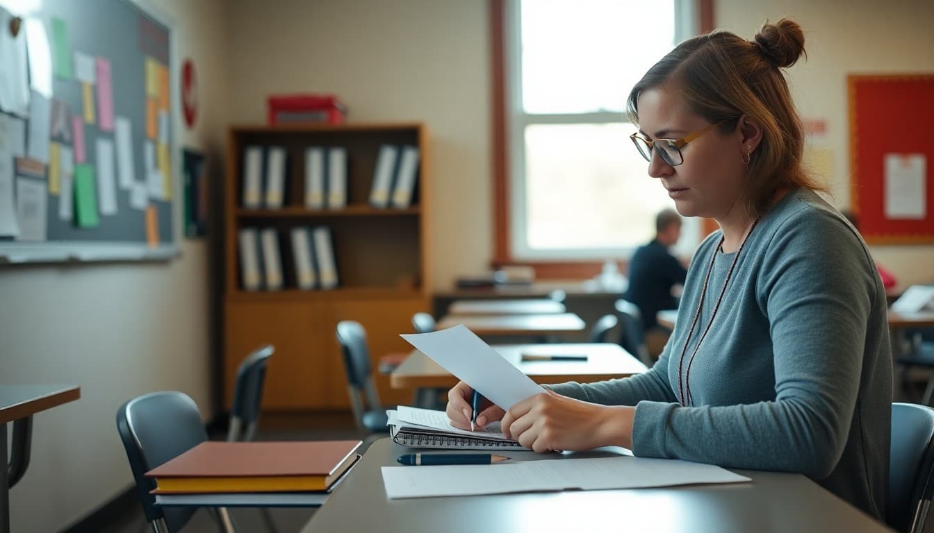 Iowa high school teacher drafting parent newsletter at desk in secondary school classroom