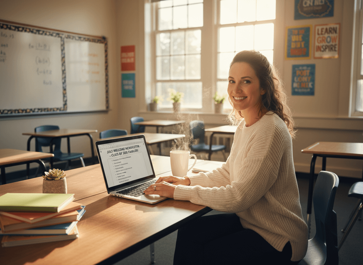 High school teacher preparing July welcome newsletter for incoming freshman families