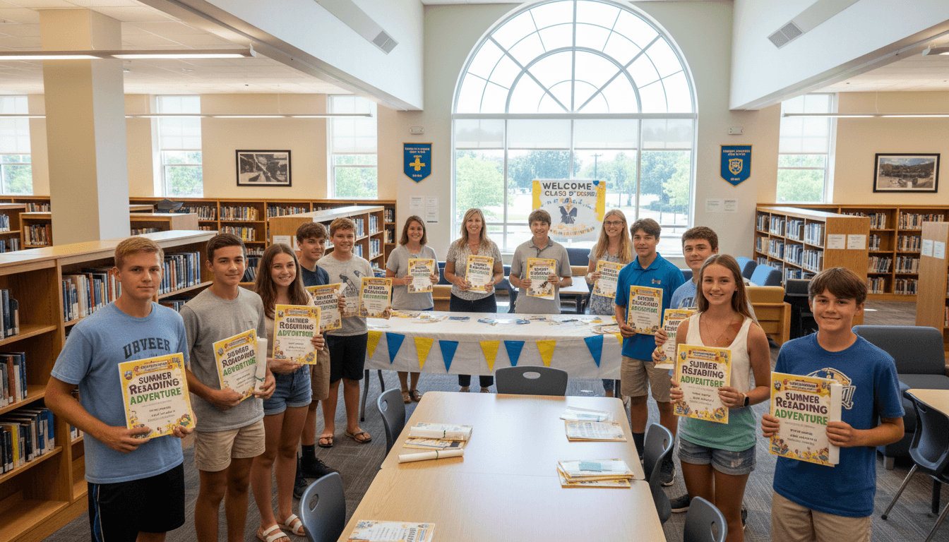 Incoming ninth grade students receiving summer reading materials and back-to-school supply list in July