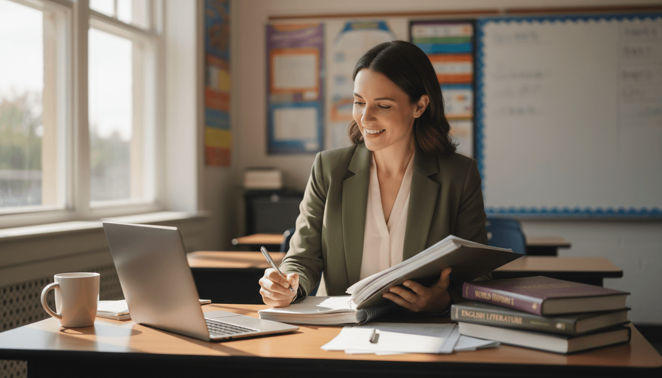 Ninth grade teacher reviewing curriculum materials at a desk with textbooks and a laptop