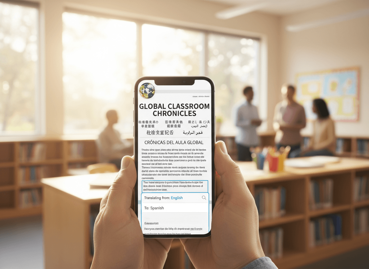 Multilingual newsletter for ELL parents displayed on a phone with translation tool open