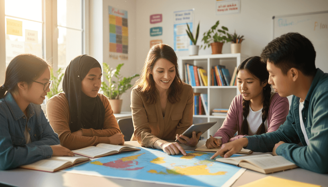 ELL teacher working with a small group of 9th grade students from diverse language backgrounds