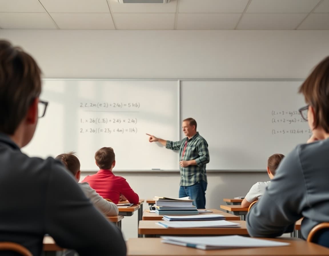 High school math teacher pointing to an equation on a whiteboard in front of a 9th grade class