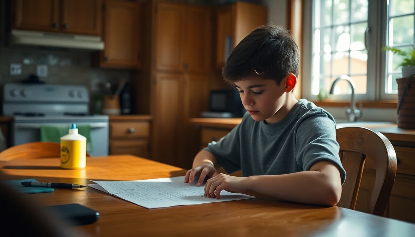 9th grade student working through algebra problems on graph paper at a kitchen table