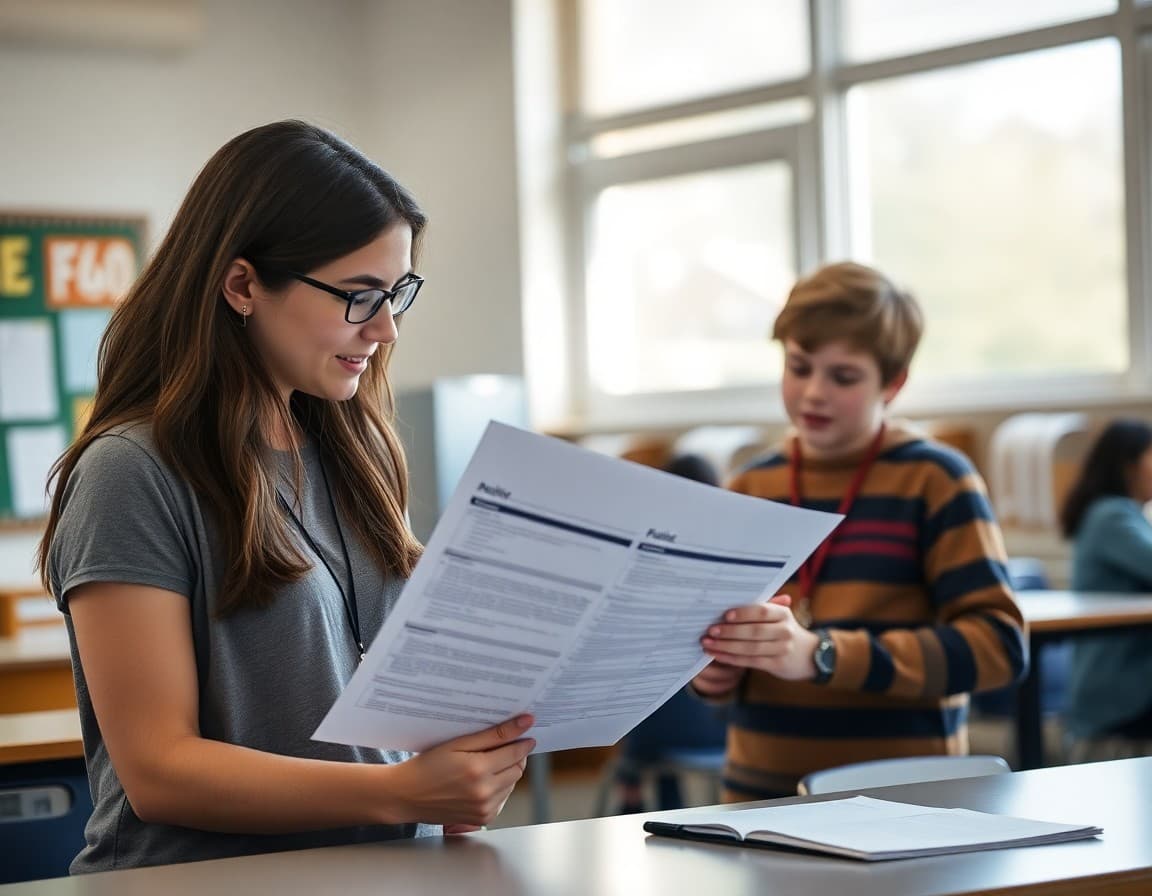 Teacher reviewing science fair project rubric with a 9th grade student