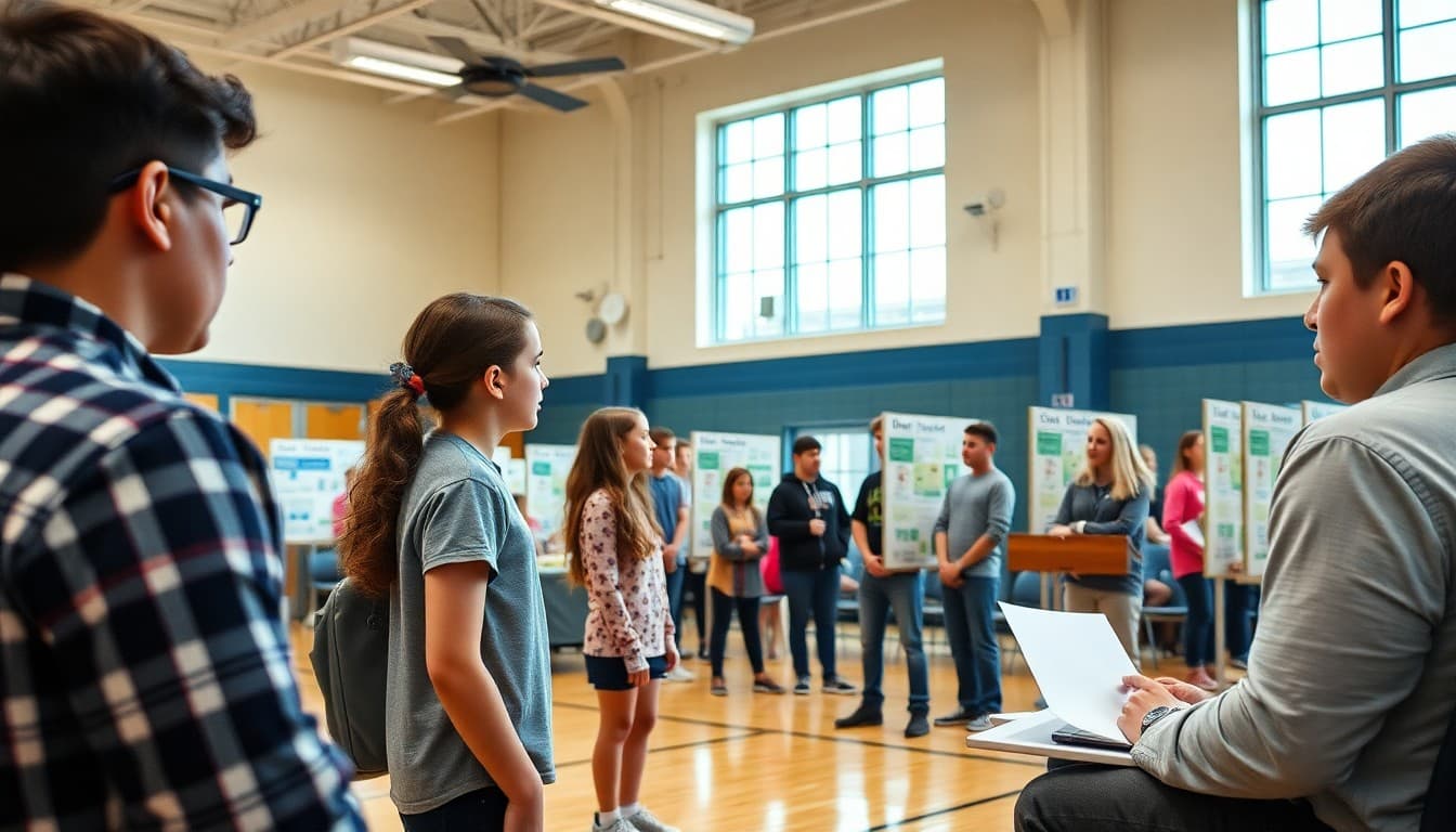 9th grade students presenting science fair projects to judges in a school gymnasium