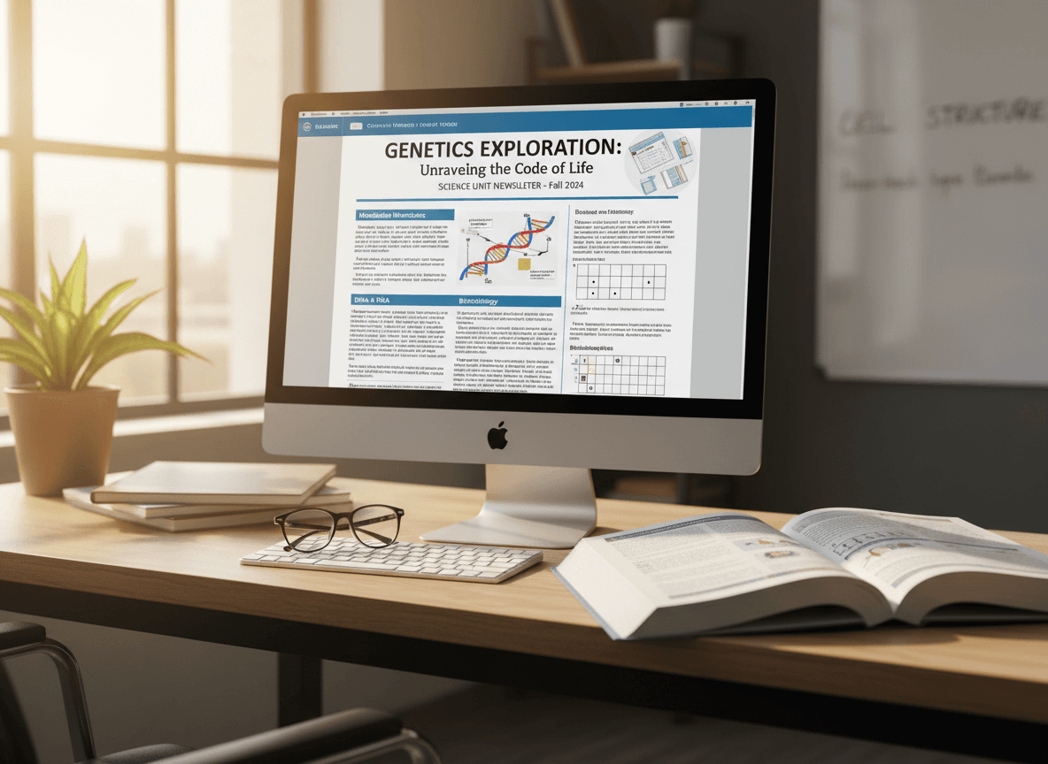 Science unit newsletter on a teacher's screen next to a biology textbook open to the genetics chapter